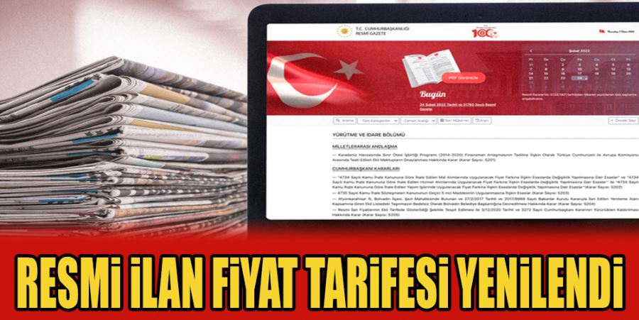 RESMİ İLAN FİYAT TARİFESİ YENİLENDİ