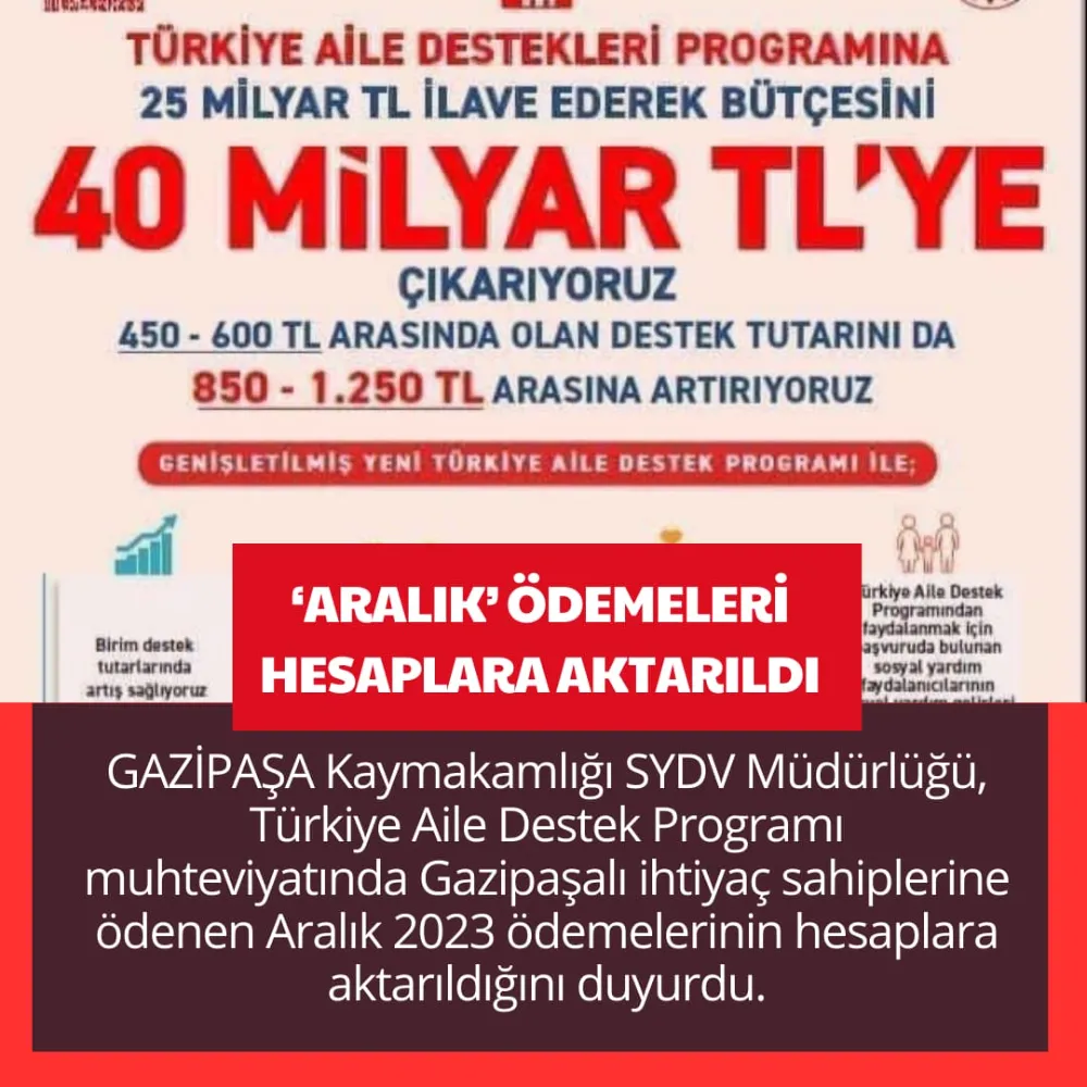 ARALIK ÖDEMELERİ HESAPLARA AKTARILDI