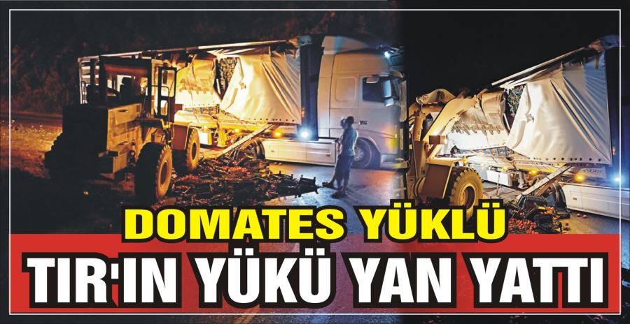 DOMATES YÜKLÜ TIR’IN YÜKÜ YAN YATTI